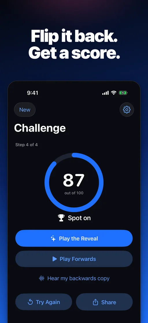 Revoo Reverse Singing Challenge result with a score of 87 out of 100 and Play the Reveal