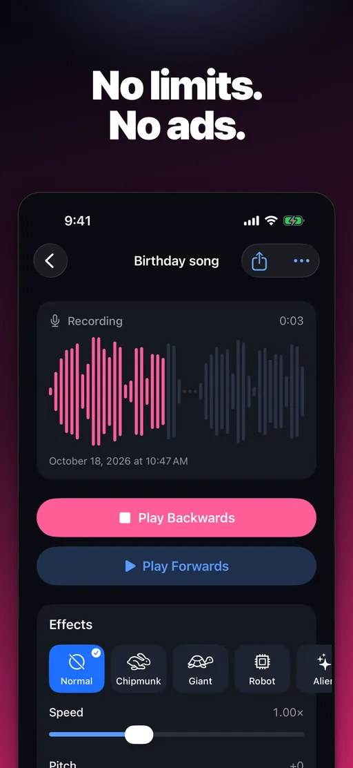 Revoo take playing backwards with a pink waveform, free with no ads and no limits
