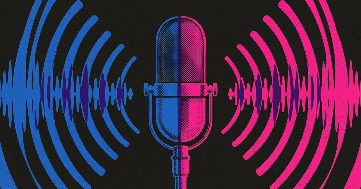 A vintage microphone split blue and magenta, with mirrored sound waves rippling out on black
