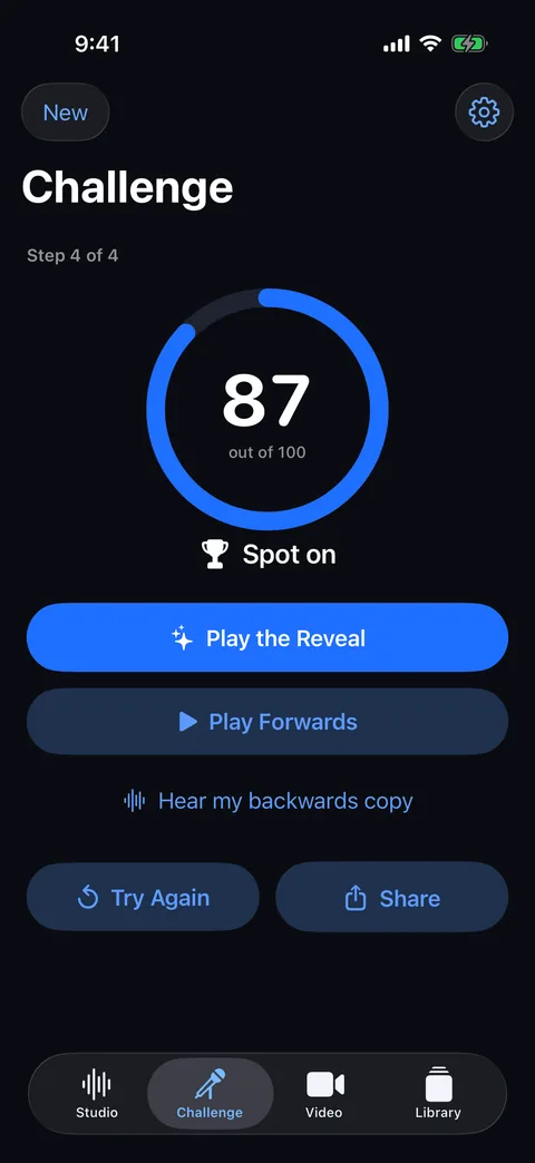 Revoo Reverse Singing Challenge result with a score of 87 out of 100, Spot on