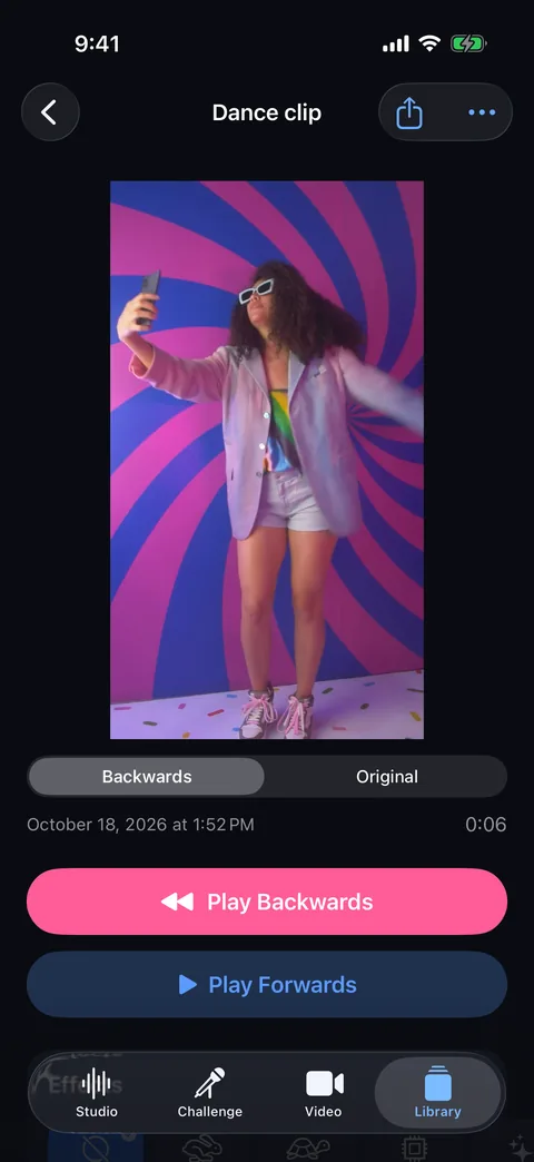 Revoo selfie dance clip playing backwards, with the Backwards and Original switch