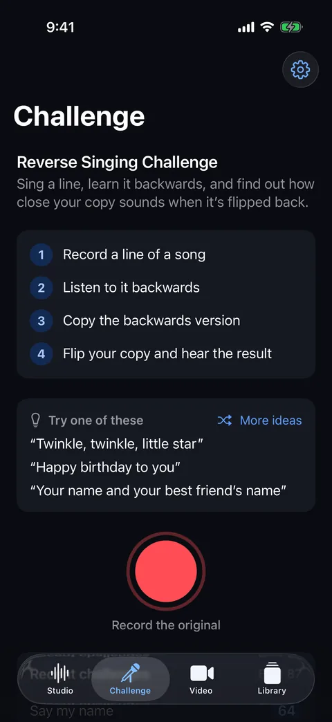 Revoo Reverse Singing Challenge screen with its four steps and line ideas to try